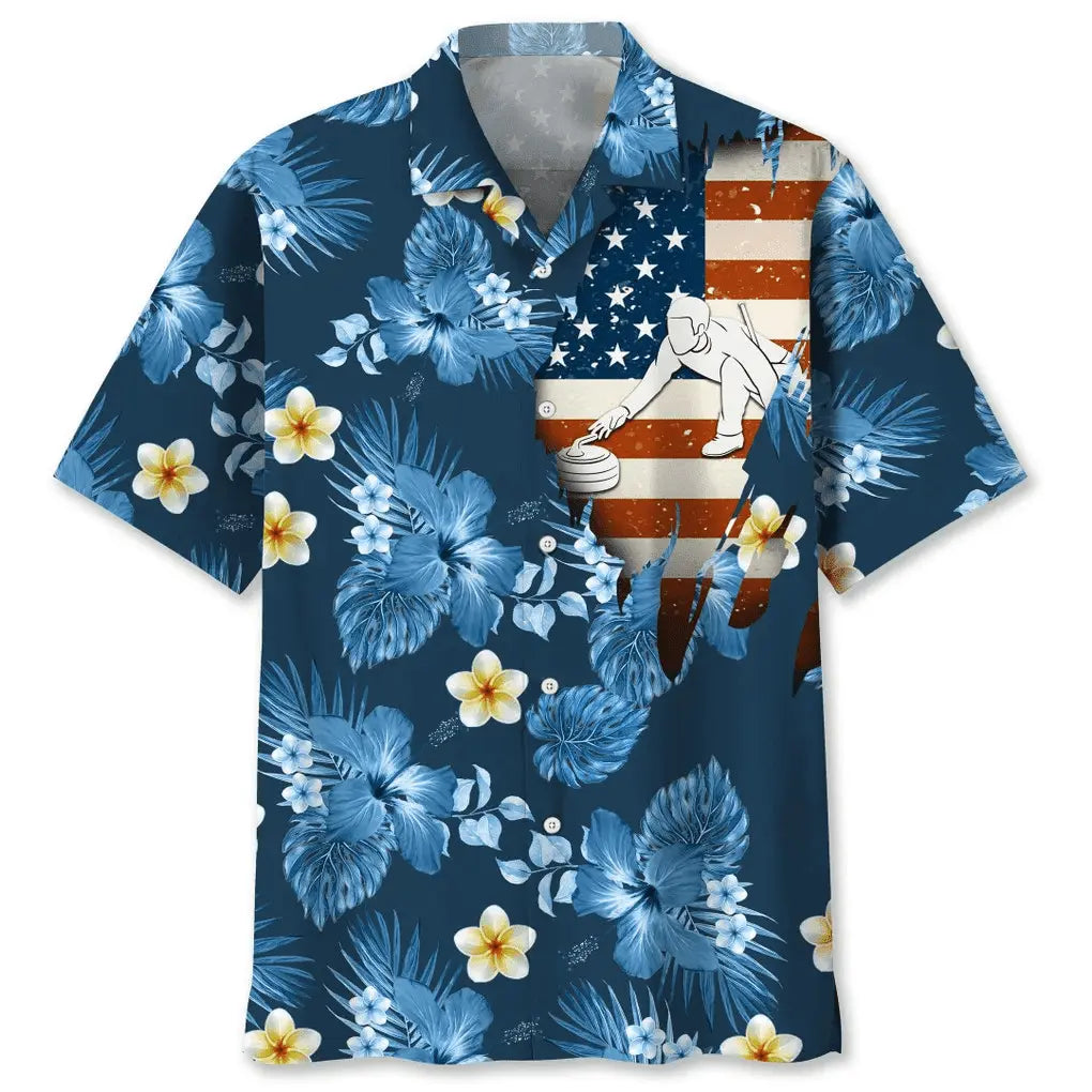 Hawaiian Shirt / Adults / S Curling Usa Blue Tropical Hawaiian Shirt