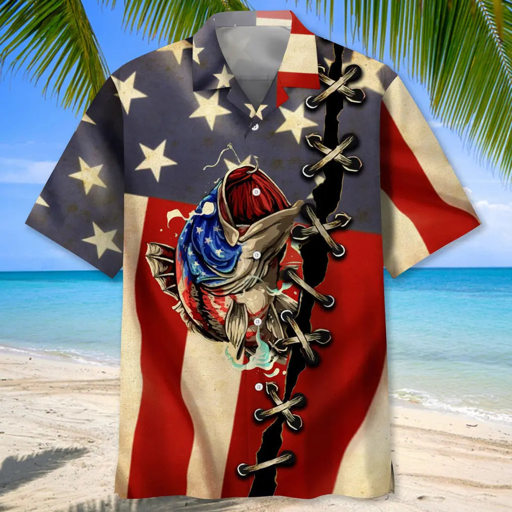 Fishing America Flag Hawaiian Shirt